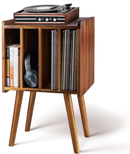 Wooden LP Record Player Stand,Vinyl Record Storage Table with 4 Cabinet Up to 100 Albums(Mid-Century Modern)