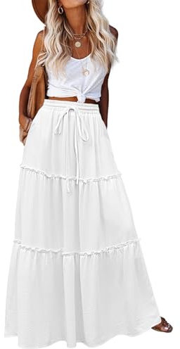 Hotouch Jupe longue pour femme, taille haute, élégante, coupe trapèze, avec cordon de serrage, couleur unie, avec poches, pour loisirs, Blanc., XL