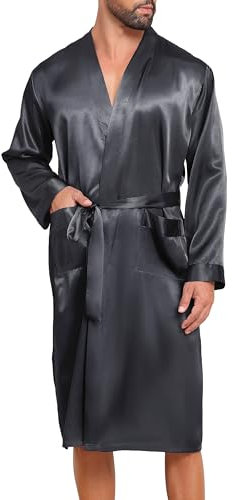 Lovasy Mens Silk Dressing Gown Summer Satin Robe for men Lightweight Kimono Dressing Gown Long Sleeve Bathrobe with Belt and Pockets Night Robes for Wedding Party,Grey,M