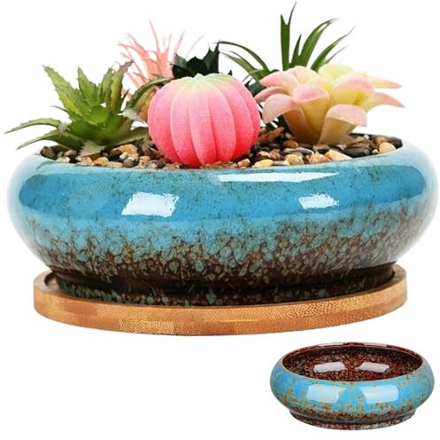 SMELEYOU Lotus Bonsai Schale für Lotusblume Keramik Blumenschale Verglasierte Pflanzentöpfe Innenrunde Bonsai Topf Dekorative Flache Hydroponic Pflanzer ohne Abfluss für Wasserlilie, Blau