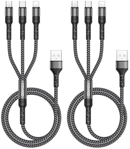 RAVIAD Multi USB Kabel [2Stück 2M] 3 in 1 Universal Ladekabel Schnellladekabel Mehrfach Ladekabel mit Micro USB Typ C Lightning Kabel für iPhone 16/15, Galaxy S24/S23, Huawei, LG, HTC - Grau