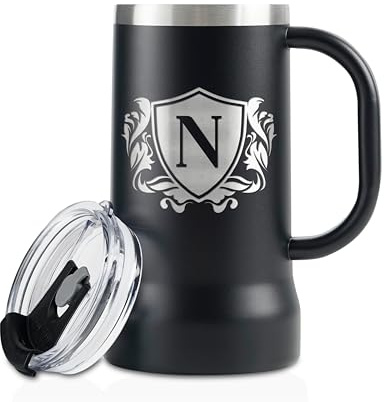 Onebttl Personalised Beer Stein – Custom Monogram Beer Mug with Handle, 24oz Double-Walled Stainless Steel – Gift for Beer Lovers, Dad, Him – Birthday, Holiday - Letter N