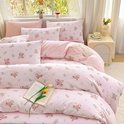 Freyamy Housse de Couette Fleurie 220x240+2 Taie d'oreiller 65x65cm Rose Vert Feuilles Floral Parure de lit 2 Personnes Adulte Sets de Housse Couette en Microfibre avec Fermeture Éclair