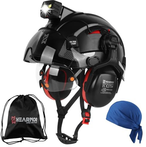 HEARMOR Voltek Casco di protezione industriale certificato CE EN397 con lampada a LED + visiera e protezione dell'udito | per lavori forestali, lavori di costruzione e arrampicata | Casco da lavoro di