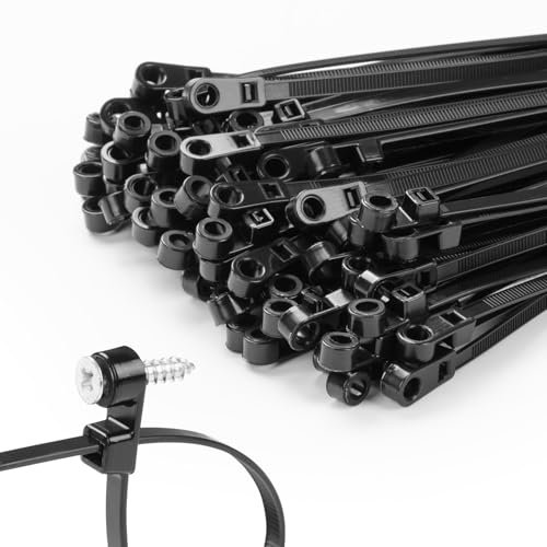 MasiStranth 200 fascette nere da 25,4 cm, con foro per vite, 31,8 kg, con testa montabile, fascette multiuso in nylon resistente, con foro di montaggio a vite