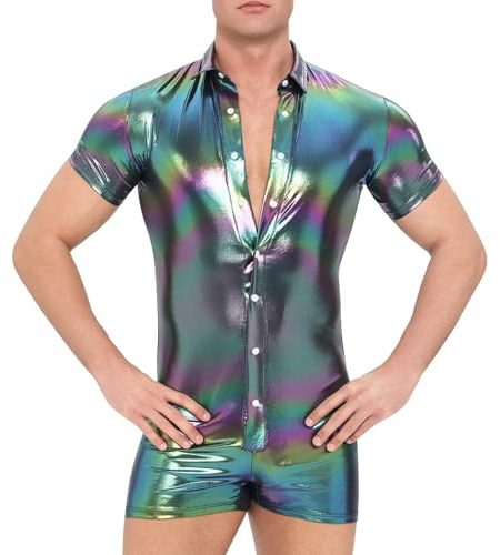 Landofgenie Herren-Bodysuit, metallisch, glänzend, Henley-Overall, kurzärmelig, Knopfleiste, Strampler für Disco-Party-Kostüme
