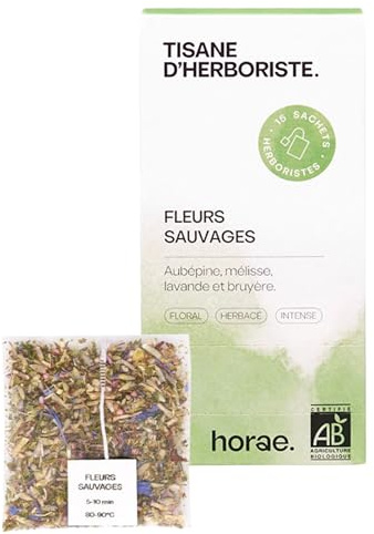 Horae - Tisane bio Fleurs sauvages 15 sachets - Aubépine, lavande, bruyère, mélisse et bleuet - Tisane d'herboristes produite en France