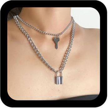 Enautoabs Collana Con Ciondolo A Strati Con Lucchetto In Argento Collana Girocollo Punk Con Graffetta Collane A Catena Con Lucchetti A Chiave Grossi Gioielli Per Le Donne