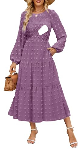 CzzzyL Women's Nursing Dresses Fall Boho Floral Maxi Dress Breastfeeding Long Sleeve Crewneck Wedding Guest with Pockets, Purple, M