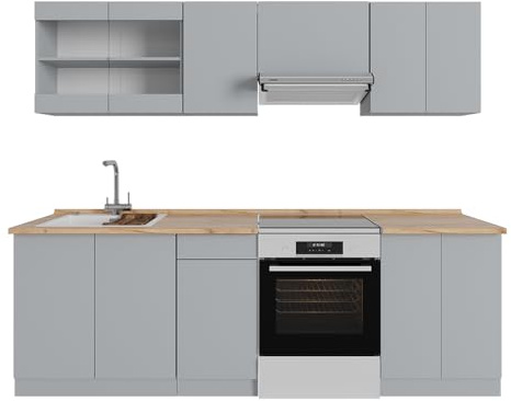 Vicco Küchenzeile R-Line, Grau, 240 cm | AP Eiche, mit variabel positionierbaren Modulen und höhenverstellbaren Füßen