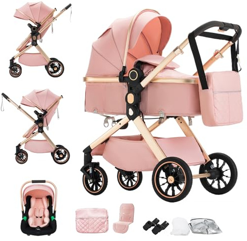 BEBBY 3-in-1 Kinderwagen KombiKinderwagen-Set 2-in-1 Buggy faltbar Luxus Hochlandschaft Neugeborenes Tragbarer Zusammenklappbarer Kinderwagen Travel System (U9-X-PINK, U9-X)