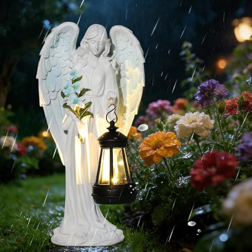 Lotvic Solar Engel Gartenstatuen, Schutzengel-Figur mit LED Solar Laterne, Fairy Engel Gartendeko Figuren, Grabschmuck Wetterfest Dekoration, für Herbstdeko Hof, Friedhof, Fensterbank, Terrasse