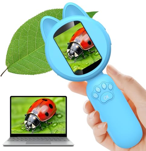 Kids Handheld Microscope - Kids Magnifying Glass with 2 HD LCD Screen & 8 LED Lights,Portable Science Explorer Toys, STEM Gift for Boys Girls Ages 3-12 Blue