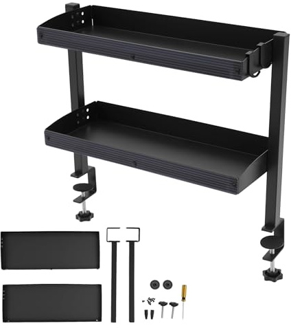 ROGONPDK 2-Stöckiges Klemm Schreibtischregal mit Klemmvorrichtung, Regal mit Verstellbarem Ablagefach, Klemmregal Schreibtisch, Table-Top Shelf, für Schreibtischzubehör, Büro-Organisation (Schwarz)