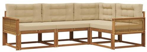 vidaXL Outdoor-Sofagarnitur mit Kissen 4 pcs Natur und Beige, Anpassbare Gartenmöbel, modernes Patio-Sofa, gemütliche Sitzgruppe, wetterfest und robust