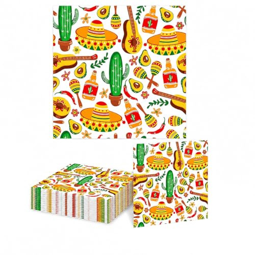 Ovanda Fiesta Servietten 20 Stück, 33 x 33 cm 1-lagige Papierservietten mit Kaktus, Sombrero und Avocado, Mexiko Party Tischdeko für Geburtstag, Taco Abend, Sommerparty, Buffet und Mottoparty