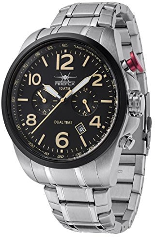 FIREFOX Horizon FFS305-102S Dual Time VD31 Herrenuhr Edelstahlarmband Faltschließe Armbanduhr 10 ATM wasserdicht zweite Zeitzone Zifferblatt schwarz
