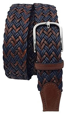 ESPERANTO Cintura intrecciata uomo donna con treccia cotone e cuoio, puntali vera pelle e fibbia nichel free anallergica 3,5 cm (Blu-Marrone, Tg 52- LUNG TOTALE 120 CM-GIROVITA 105 CM)