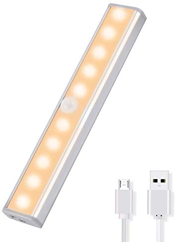 OUSFOT - Luz LED de armario con sensor de movimiento, luz nocturna con USB, 10 luces LED de dormitorio con tira magnética adhesiva para barra/pasillo/cocina (luz blanca cálida)