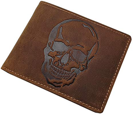 Echt Büffel-Vollleder Geldbörse/Geldbeutel/Portemonnaie/Portmonaise/Geldtasche/Portmonee in Querformat mit Totenkopf-Motiv mit RFID & NFC Schutz in Braun oder Grau (Braun)