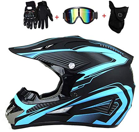 LEENP Motocross-Helm, Herren Damen Crosshelm mit Brillen Maske Handschuhe, Schwarz Blau Motorrad-Helm Off-Road Downhill-Enduro-Helm-ATV-MTB-BMX Dirt Bikes Quad Motorräder Full-Face Schutz-Helm,B,S