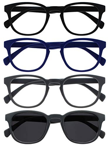 OPULIZE POP Lesebrille für Damen und Herren mit Lesesonnenbrille - 5er Pack - Lustige Runde Brille Matt - Getönte Gläser mit UV400 - Federscharniere - Schwarz Blau Grau Grau Sonnenbrille +1.50