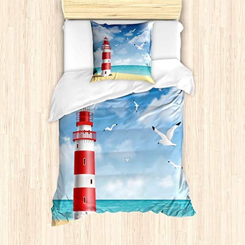 ABAKUHAUS Strand Bettbezug Set für Einzelbetten, Leuchtturm Möwen Ozean, Milbensicher Allergiker geeignet mit Kissenbezug, Vermilion Blau