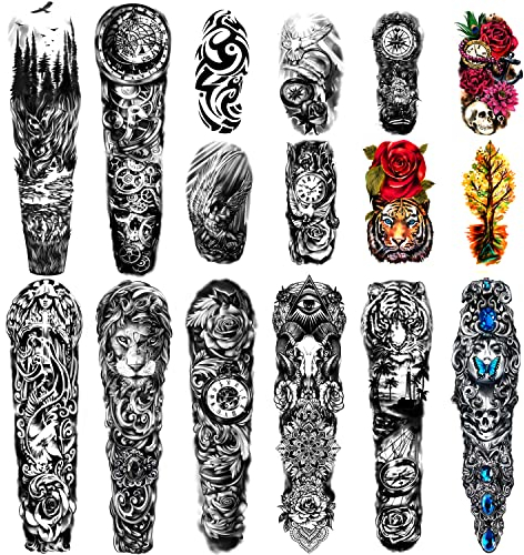 Große Wasserdichte Temporäre Tattoos 8 Blätter voller Arm dauerhafte Tattoos und 8 Blätter halber Arm Tattoo-Aufkleber für Männer und Frauen (58X18CM)…