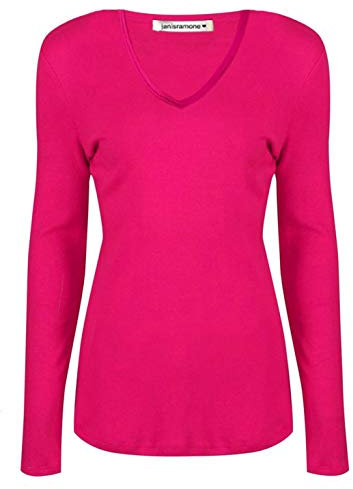 janisramone Womens Ladies V Neck Long Sleeve T-Shirt Stretchy Plain Jersey Slim Fit Casual Basic Tee Tops Cerise