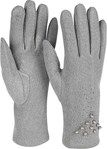 styleBREAKER Damen Touchscreen Handschuhe mit Strass und Perlen, Fleece Futter, warme Fingerhandschuhe, Winter 09010035, Farbe:Hellgrau