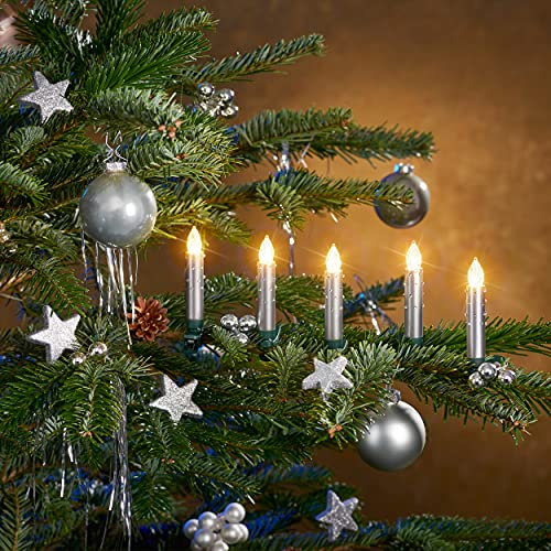 Christbaumkerzen mit Fernbedienung | Komplett-Set | flammenlose LED Kerzen, perfekte Alternative zur Lichterkette (12er Set, silber mit Steinchen)