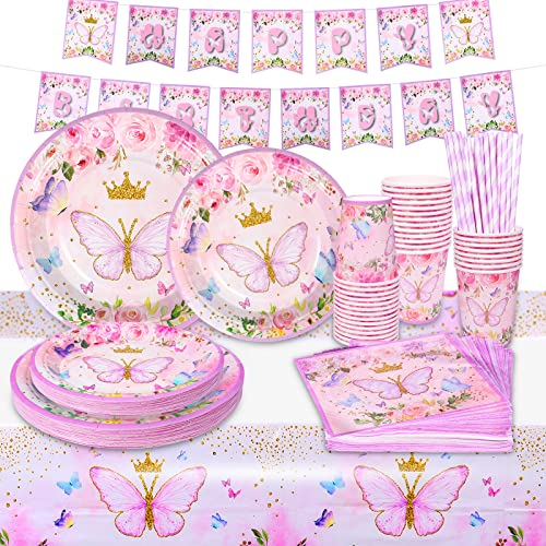 Amycute 127 PCS Farfalla Stoviglie per Feste, Set Stoviglie Compleanno Bambina con Farfalla Floreali Piatti Carta, Tovaglioli, Bicchieri Carta, Striscione Decorazione per Feste di Compleanno