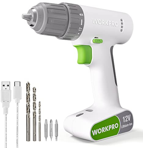 WORKPRO 12V Cordless Drill Driver with Battery, 1500 mAh, 3/8'' Chuck, 17+1 Torque, White Power Drill for Drilling and Screwing