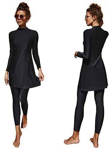 Femmes Maillots de Bain Musulmans Islamique Modest Couverture Complète Burkini Manches Longues Haut Pantalon Natation été Tenue Plage Maillots Rashguards 2 Pièce Noir-Solide S