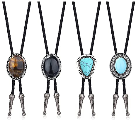 FIOROYAL 4 Stück 𝐁𝐨𝐥𝐨 𝐊𝐫𝐚𝐰𝐚𝐭𝐭𝐞 für Herren Western Cowboy Vintage Natur Türkis Tiger Eye Schwarz Leder Stein Krawatte Bolo Tie Set