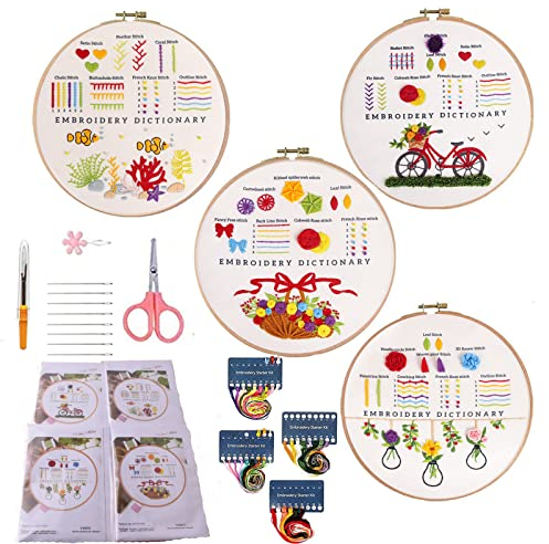 Anfänger Stickerei Stich Praxis Kit, 4 Sets Stickerei Kit für Handwerk Liebhaber, Fahrrad Stickerei Starter Kits mit Mustern und Anweisungen, Stickerei Kleidung, Bambus Reifen, Fäden und Nadeln