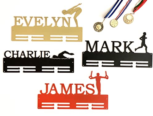 Personalisierter Medaillenhalter mit Name, Geschenk für Athleten, Sportler, Kinder, Männer, Frauen, Metall Sport Medaillenträger, Marathon laufen, Schwimmen, Gymnastik, Läufer, Medaillen Aufhänger