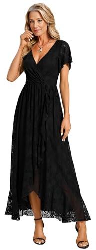 Ever-Pretty Robe pour Mariage Invité Femme Longue Asymétrique Dentelle Manches Courtes Col V Fluide Chic Noir 50
