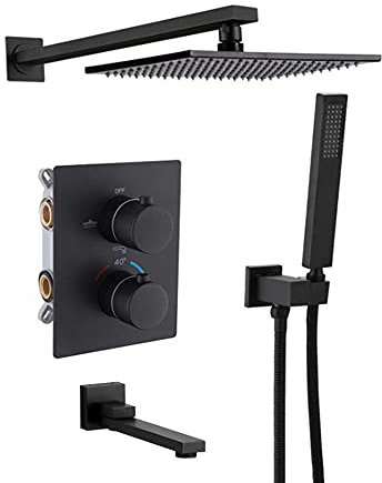 DERBUT Thermostatischer Duschmischer, schwarzes Duschset, 3-Funktions-Mischbatterie, Duschset, 8 in quadratischen Duschköpfen