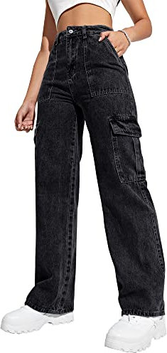 Damen Cargohose Hohe Taille Baggy Cargo Jeans Straight Leg Y2K Streetwear Hose 6 Taschen für Frauen Teenager Mädchen, Schwarz, M