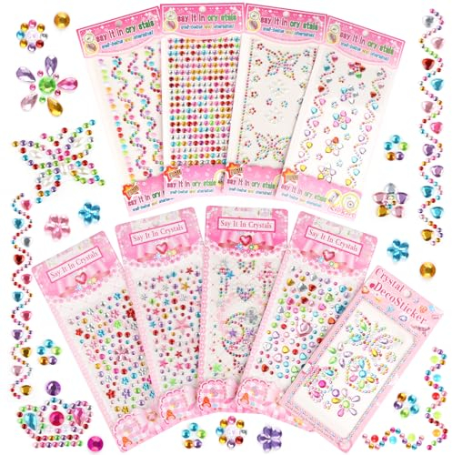 Glitzersteine Selbstklebend, 9 Blätter Acrylglitzersteine Strasssteine Selbstklebend,Verschiedene Formen Glitzersteine Zum Basteln Schmucksteine Kristall Aufkleber für Kinder Handwerke