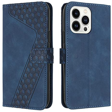 TOHULLE for iPhone 14 Pro Case, Premium Leather Wallet Case Card Holder Kickstand Magnetic Closure Plaid Pattern Embossed Design Flip Folio Wallet Cover for iPhone 14 Pro - Blue