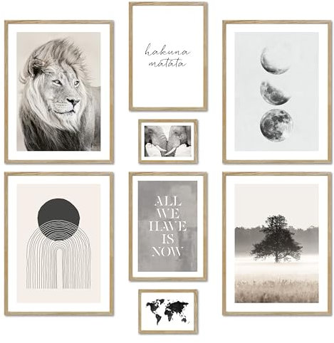 ARTFAVES® Poster Set - BEIGE WILDERNESS - mehrteilige Wanddeko Wohnzimmer & Schlafzimmer - 8 moderne Wandbilder Abstrakt, natur, beige, braun, Afrika, Löwe, Mondphasen - mit Rahmen Eiche