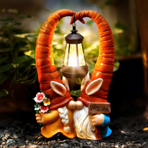 Vereemy Statue de nain solaire pour couple - Décoration de jardin - Avec lanterne solaire - Double nain mignon pour terrasse, pelouse, cour - Décoration extérieure - Cadeau pour maman