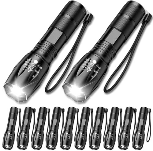 MODOAO Linterna LED, paquete de 12 linternas portátiles impermeables con zoom con 5 modos, potentes linternas LED tácticas de emergencia, mini linterna táctica para el hogar, camping, cortes de