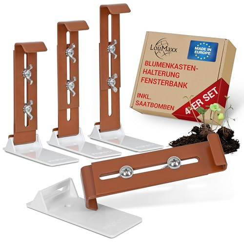 LouMaxx Supporto per fioriere Senza forare – Set di 4 Supporti Invisibili per fioriere da davanzale in Terracotta – Stabile, Regolabile in Altezza – Include adattatori e Bombe di Semi
