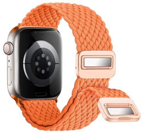 Nepfaivy Geflochtenes Armband Kompatibel mit Apple Watch Armband 40mm 41mm 38mm 42mm, Nylon Elastisches Band mit Magnetischer Schnalle für iWatch Series 10/9/8/SE/7/6/5/4/3/2/1, Orange