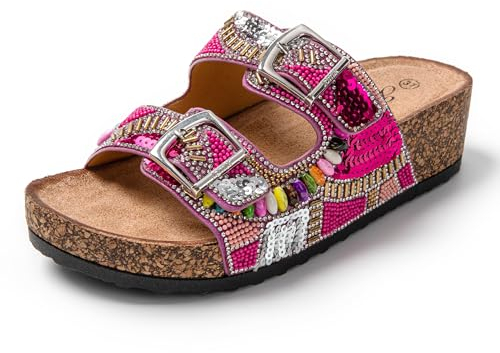 JOMIX Womens Summer Wedge Slippers with Pearls Elegant Sandals Comfortable Cork Shoes for Beach Sea Pool, SD9182, Fuchsia, 5 UK