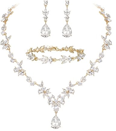 Clearine Hochzeit Schmuckset für Damen Braut Y Halskette Tennis Armband und Ohrringe baumeln Set Kristall Teardrop Marquise Cluster Schmuck für Brautjungfer Klar Gold Ton