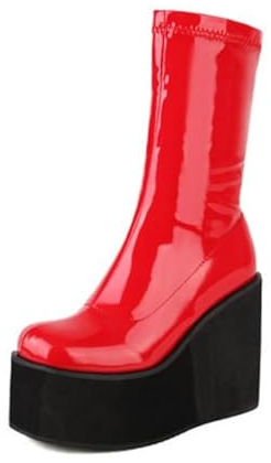 WILDKATZEN Damen Stretch Stiefeletten Plateau Boots Lack Keilstiefel Rot 37 EU